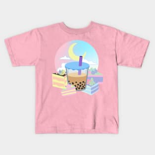 Boba Tea Cake Pastel Kawaii Moon Bubble Tea Dessert Cute Japanese Y2K Vaporwave Kids T-Shirt